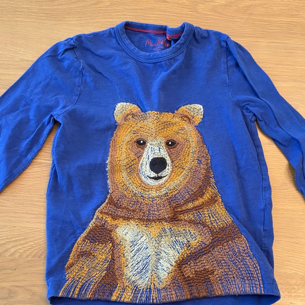 Mini Boden Blue Long-Sleeve Tee with Large Bear Appliqué